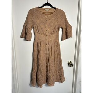 POLAGRAM Lace Midi Dress Small Tan Taupe Button Front Bell Sleeve Boho Romantic